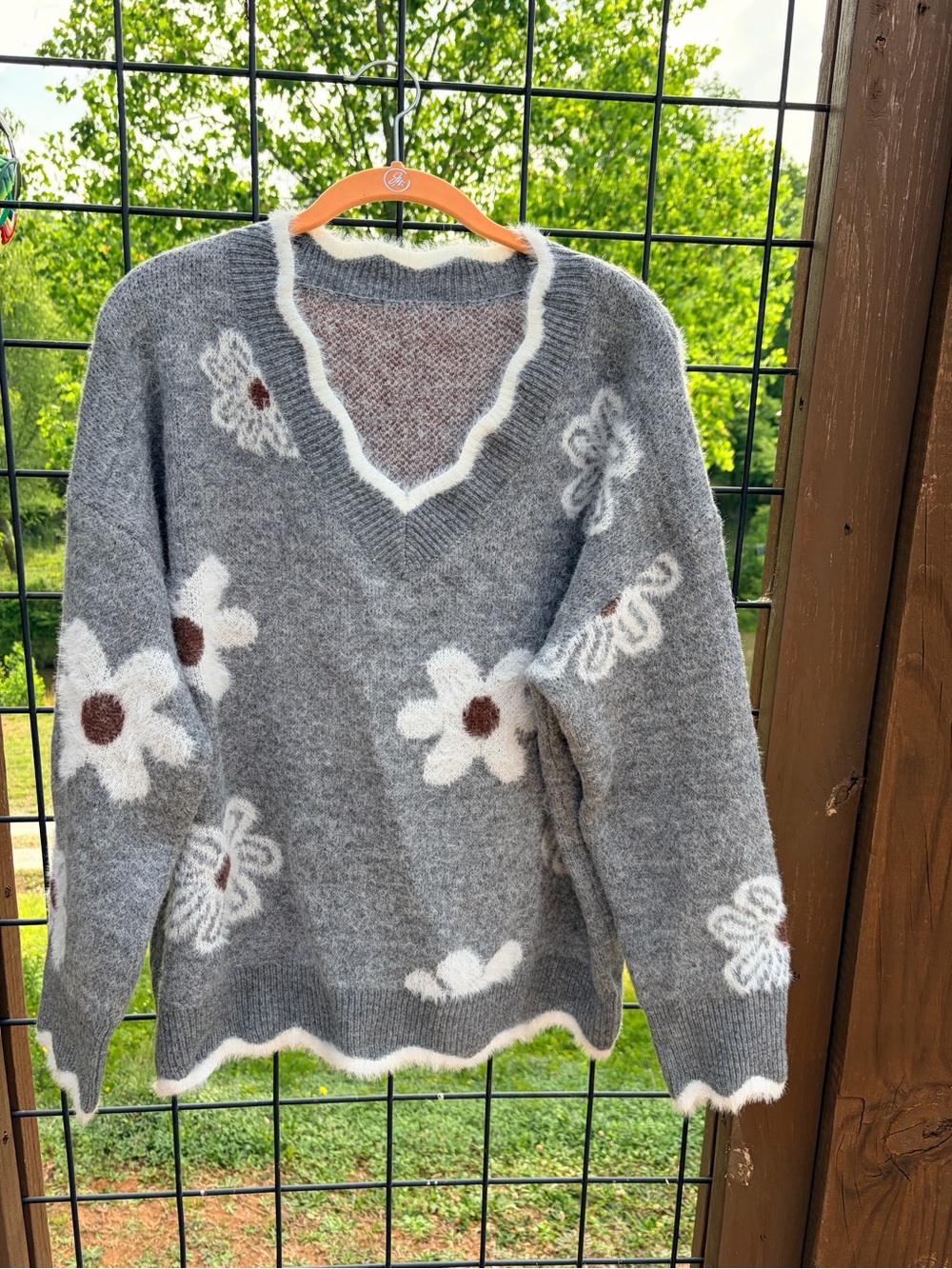 Grey Floral V-Neck Sweater with White Trim